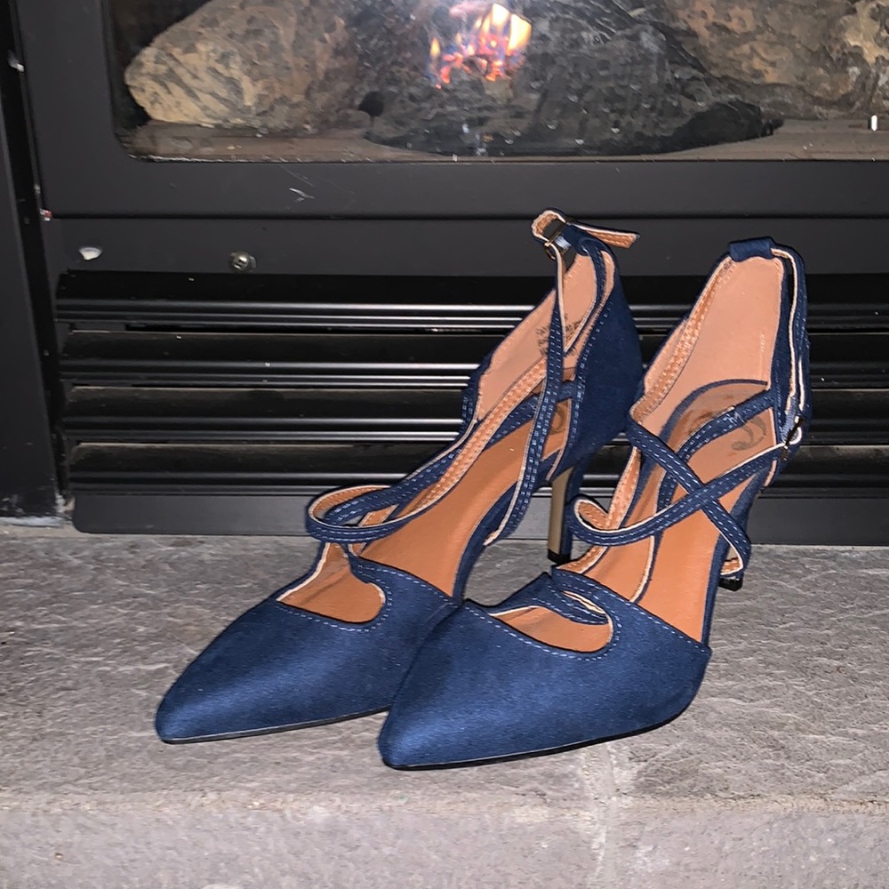 Blue strap heels.